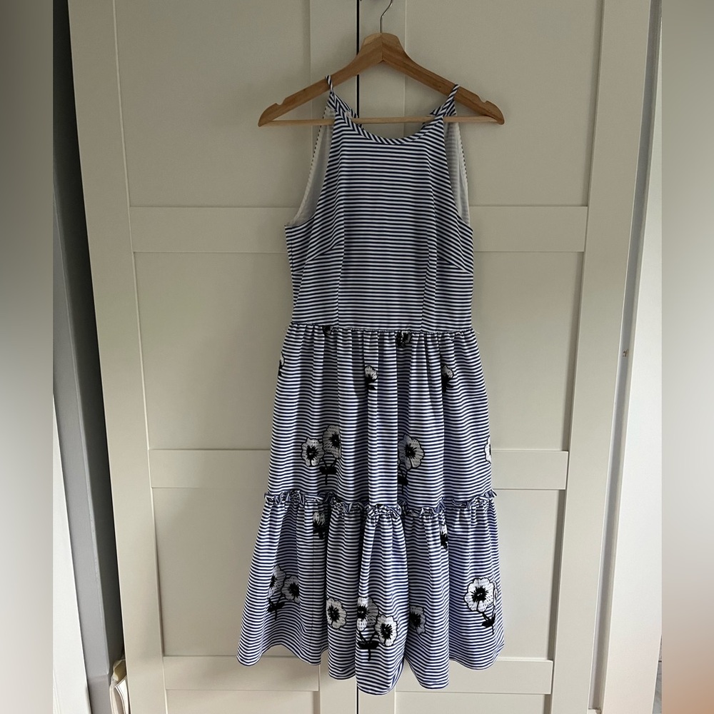 Blue and white stripe dress with floral embroidery and removable tie belt